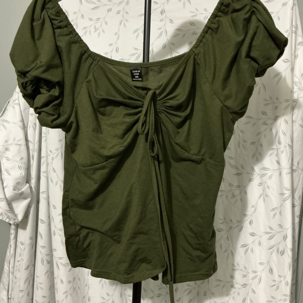 SHEIN Olive Green Puff-Sleeve Tie-Front Crop Top